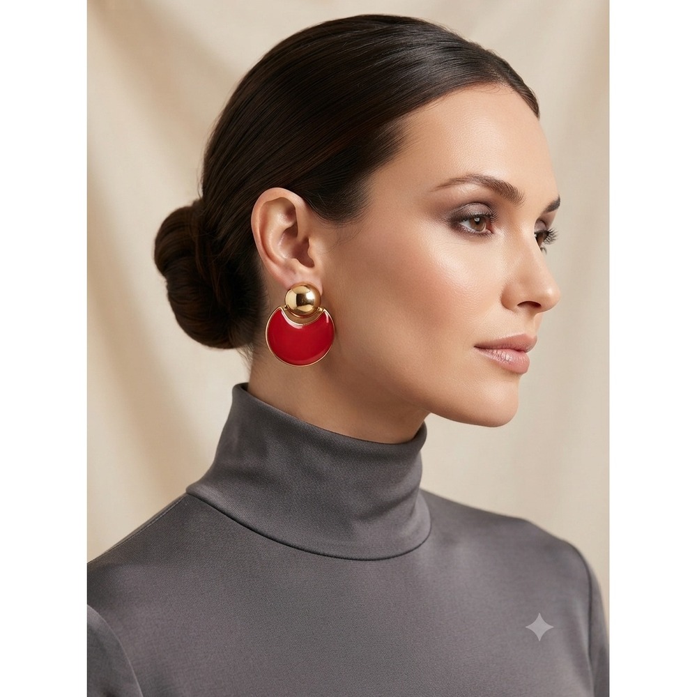 Vintage Style Red Enamel Gold Tone Geometric Sphere Crescent Drop Earrings